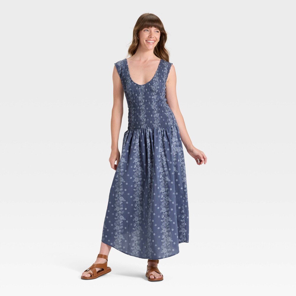 Smocked Midi A-Line Dress - Blue Floral XS